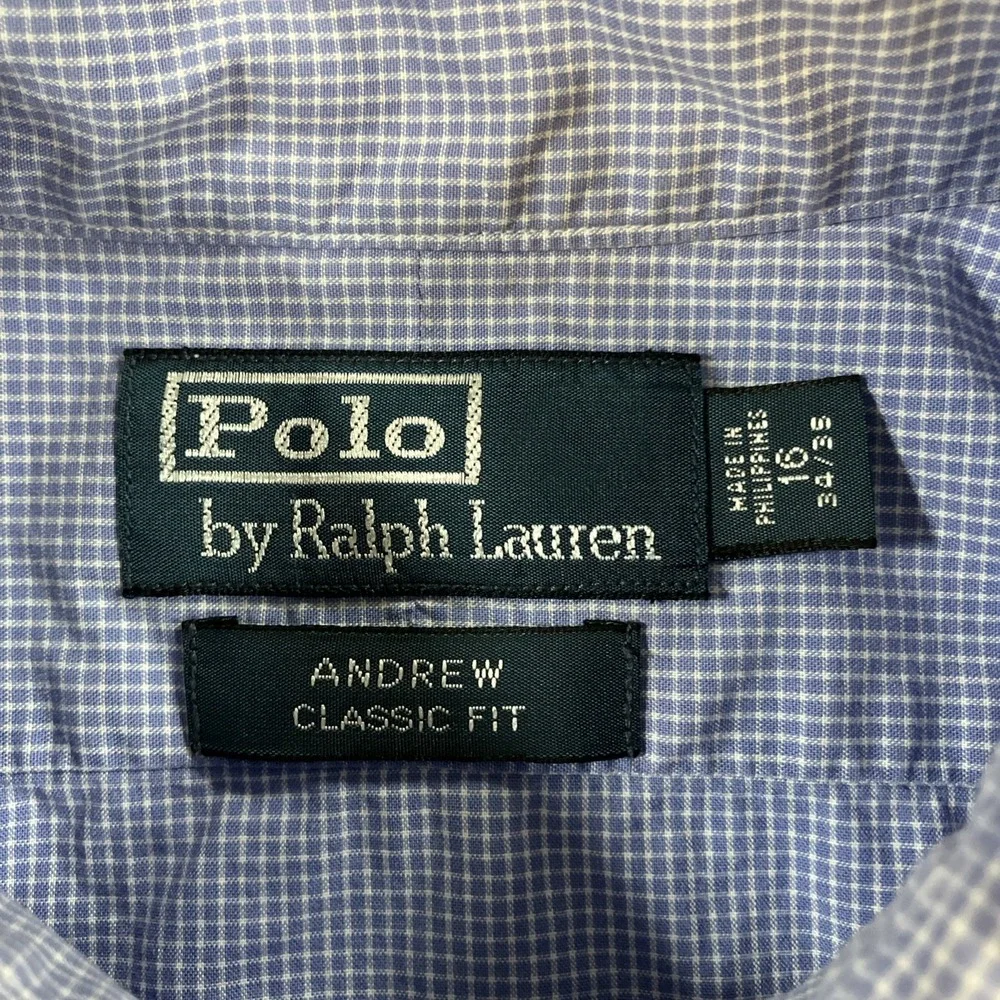 Vintage Polo Ralph Lauren Andrew Dress Shirt Mens 16 34/35 Blue Mini Check